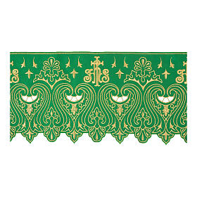 Altar cloth trim with Baroque golden embroidery, green fabric, 9.5 in