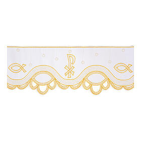 Modern altar cloth trim with stylised fish and Chi-Rho, embroidery of white fabric, h 8 in