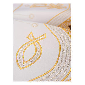 Modern altar cloth trim with stylised fish and Chi-Rho, embroidery of white fabric, h 8 in