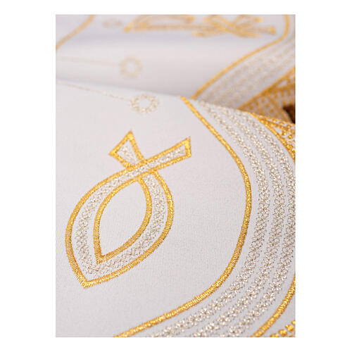 Modern altar cloth trim with stylised fish and Chi-Rho, embroidery of white fabric, h 8 in 2