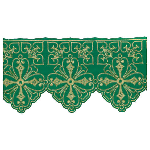 Trim for altar cloth with geometric flowers and crosses, green and gold, h 14 in 1