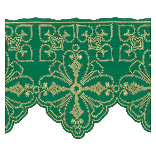 Trim for altar cloth with geometric flowers and crosses, green and gold, h 14 in 2