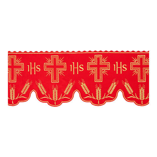 Red altar cloth trim, wheat pattern with IHS monogram, h 8 in 1