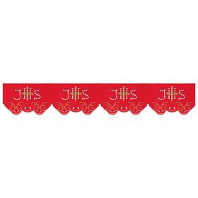 Red trim for altar cloth with golden cross and cutwork IHS, h 7.5 in