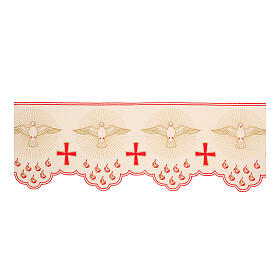 Ivory-coloured altar cloth trim with red crosses, doves and flames, h 12 in