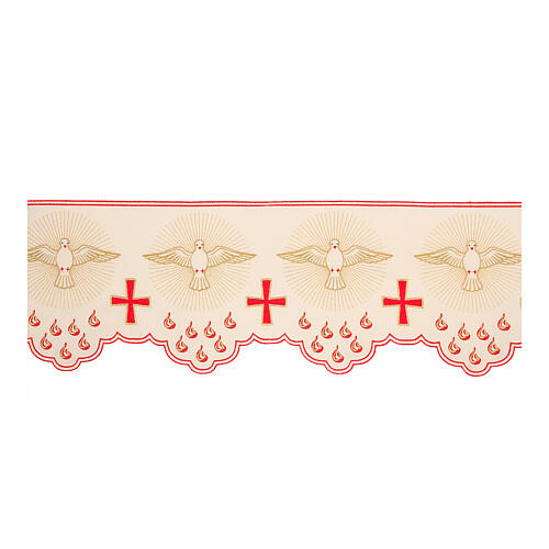 Ivory-coloured altar cloth trim with red crosses, doves and flames, h 12 in 1