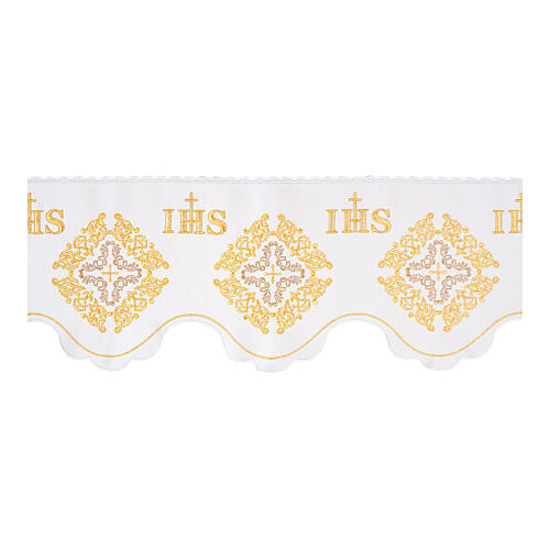 White trim for altar cloth, IHS and highly decorated cross, h 7.5 in 1