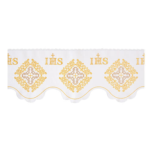 Bord pour nappe d'autel blanc IHS or croix h 19 cm 1