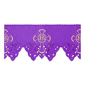Bord violet pour nappe d'autel JHS croix or fleurs h 22 cm