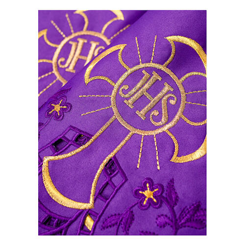 Bord violet pour nappe d'autel JHS croix or fleurs h 22 cm 2
