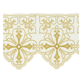 Renda de altar cor creme padrão floral h 35 cm ouro cruzes