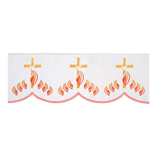 Altar cloth frill with dove, flames and crosses, h 7 in, white polyester 1