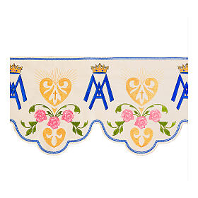 Altar cloth frill with Marial initials and pink roses, h 7 in, white polyester