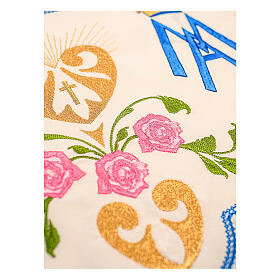 Altar cloth frill with Marial initials and pink roses, h 7 in, white polyester