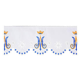 White altar cloth frill with Marial initials, crown and cutwork flowers, h 8 in