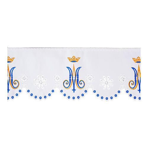 White altar cloth frill with Marial initials, crown and cutwork flowers, h 8 in 1