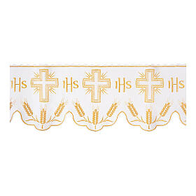 White altar cloth frill with golden cross, IHS and ears of wheat, h 8 in