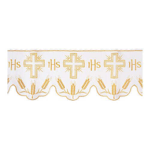 White altar cloth frill with golden cross, IHS and ears of wheat, h 8 in 1