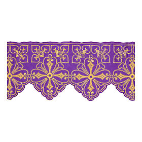 Volante para altar oro y cruces decoraciones florales h 35 cm violeta