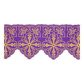 Frill for altar cloth with geometric flowers and crosses, gold and purple, h 9 in