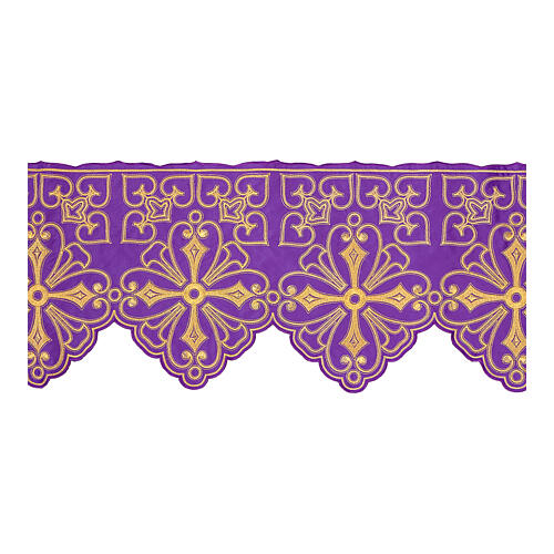 Volante para altar violeta y oro flores cruces 22 cm altura 1
