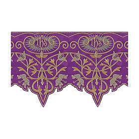 Frill for altar cloth with IHS and flowers, h 10 in, purple and gold