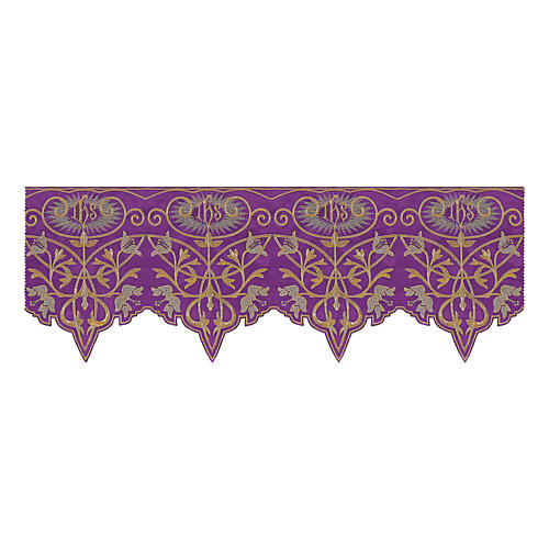 Frill for altar cloth with IHS and flowers, h 10 in, purple and gold 1