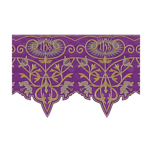 Frill for altar cloth with IHS and flowers, h 10 in, purple and gold 2