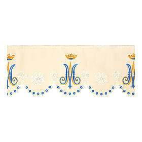 Marial trim for altar cloth, h 10 in, initials and crown on ivory-coloured fabric