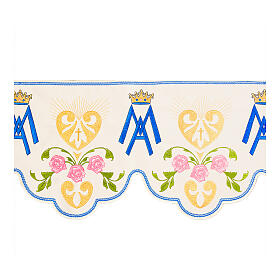 Altar cloth trim with Marial initials and pink roses, h 10 in