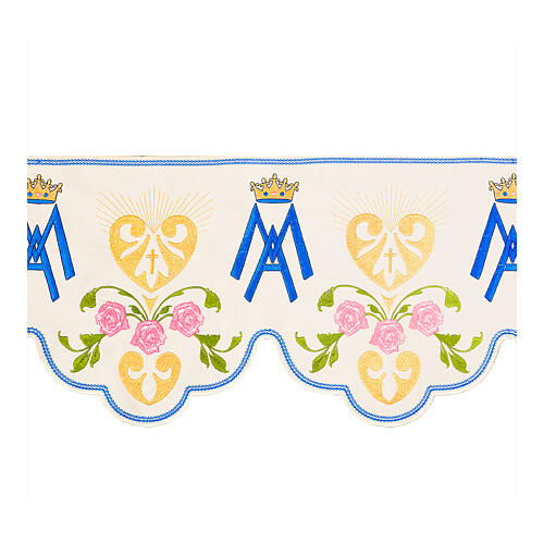 Altar cloth trim with Marial initials and pink roses, h 10 in 1