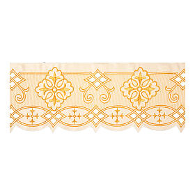 Altar cloth trim of ivory-coloured fabric, h 3.5 in, golden crosses and geometric pattern
