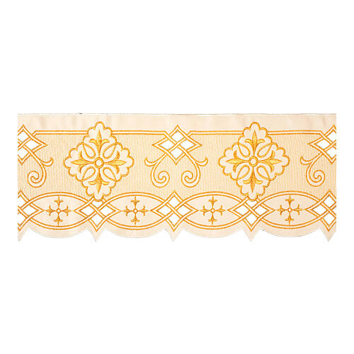 Altar cloth trim of ivory-coloured fabric, h 3.5 in, golden crosses and geometric pattern 1