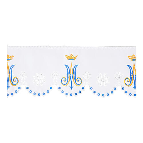 Marial frill for altar cloth, h 4 in, initials and crown on white fabric 1