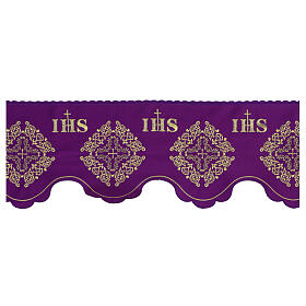 Bord nappe autel violet 19 cm broderie croix IHS or