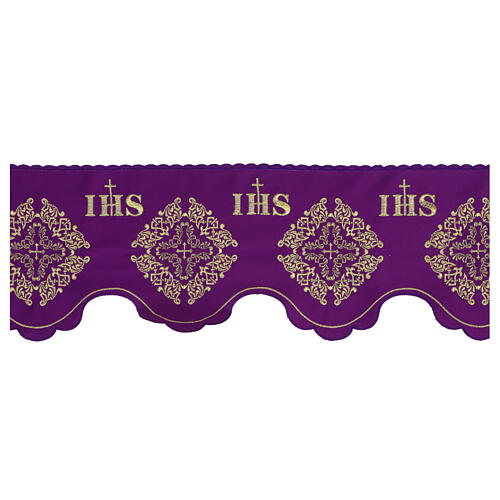 Bord nappe autel violet 19 cm broderie croix IHS or 1