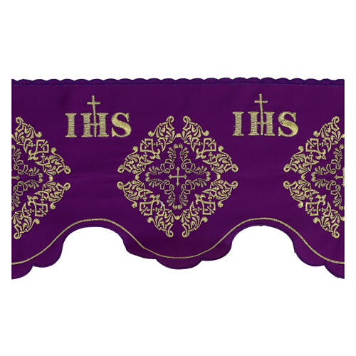 Bord nappe autel violet 19 cm broderie croix IHS or 2