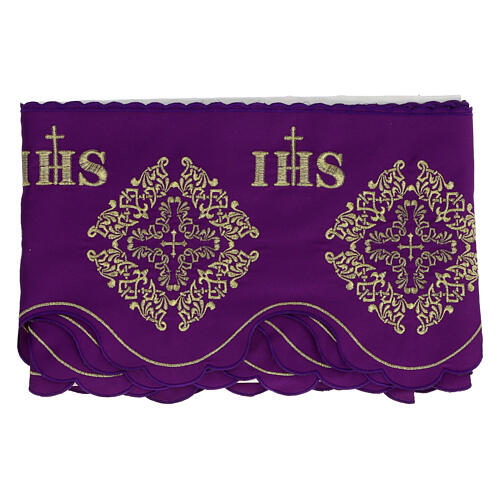 Bord nappe autel violet 19 cm broderie croix IHS or 3