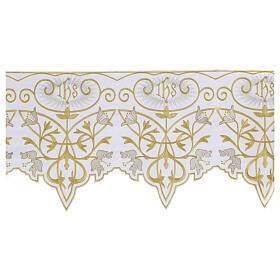 White altar cloth frill with IHS and flowers, h 10 in