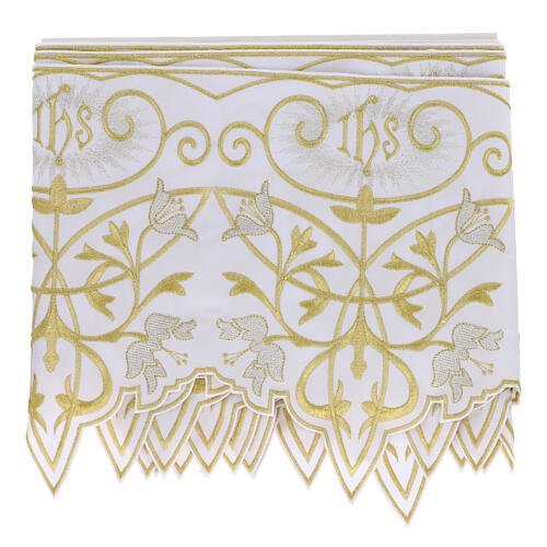 White altar cloth frill with IHS and flowers, h 10 in 3