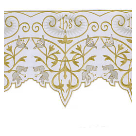 Volante para altar blanco bordado oro plata flores 27 cm