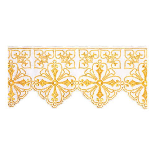 Borda de altar bordada 35 cm cruzes ouro branco 1