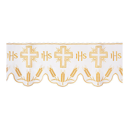 Altar cloth frill, white and gold, wheat, IHS and cross, h 12 in 1