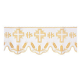 Volante para altar blanco y oro trigo 31 cm cruz IHS