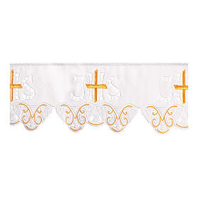 White frill for altar cloth, cutwork JHS, cross and flowers, h 7.5 in