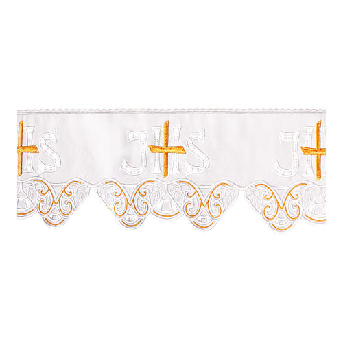 White frill for altar cloth, cutwork JHS, cross and flowers, h 7.5 in 1