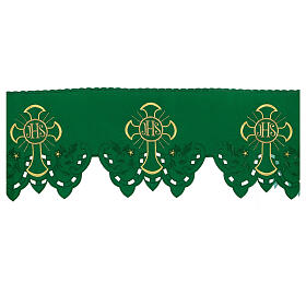Green altar cloth frill, JHS and flowers, h 9 in