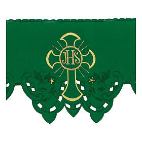 Green altar cloth frill, JHS and flowers, h 9 in