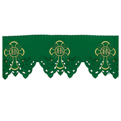 Green altar cloth frill, JHS and flowers, h 9 in 1