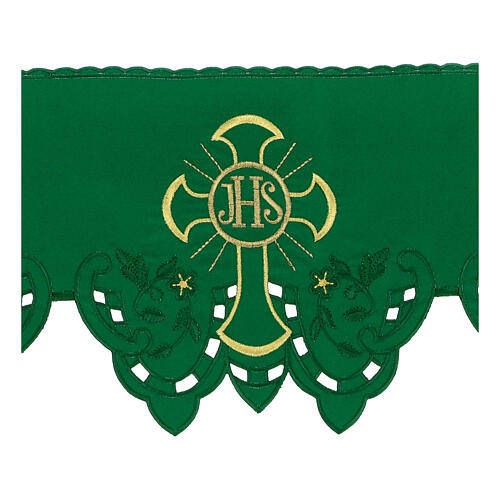 Green altar cloth frill, JHS and flowers, h 9 in 2